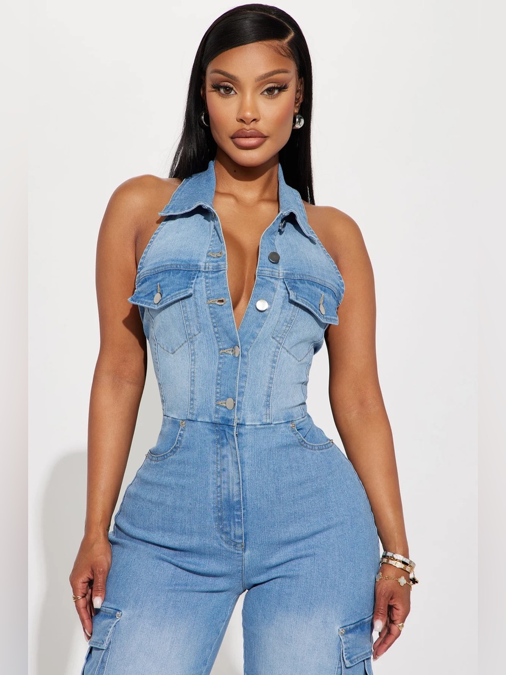 Sleeveless Light Blue Denim Halter Jumpsuit